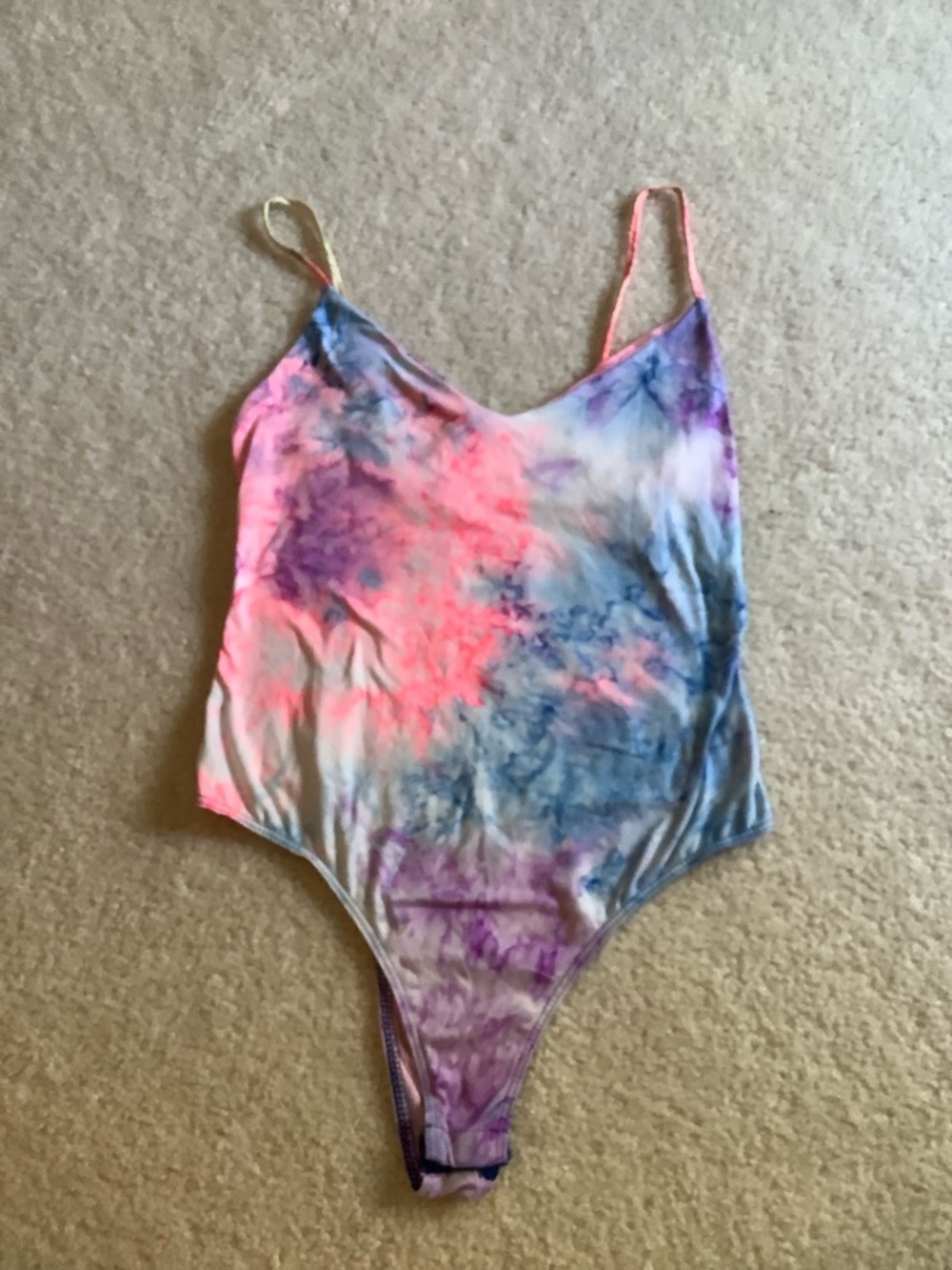 Celebrity Pink Y2K Pink Blue Purple Tie Dye Spagetti Strap One Piece Bodysuit LG